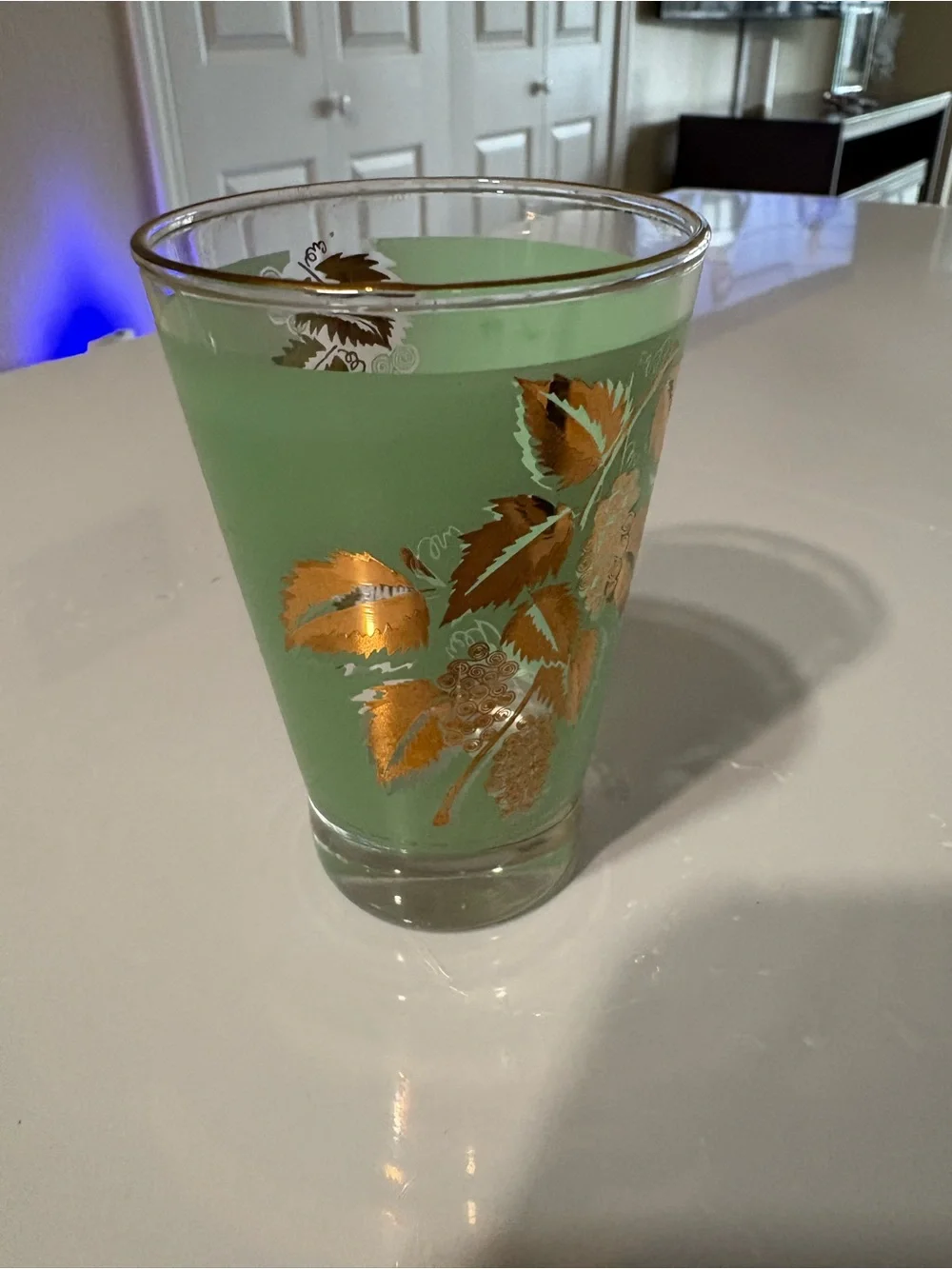 Green Glass Tumbler with Gold Leaf Floral Accent